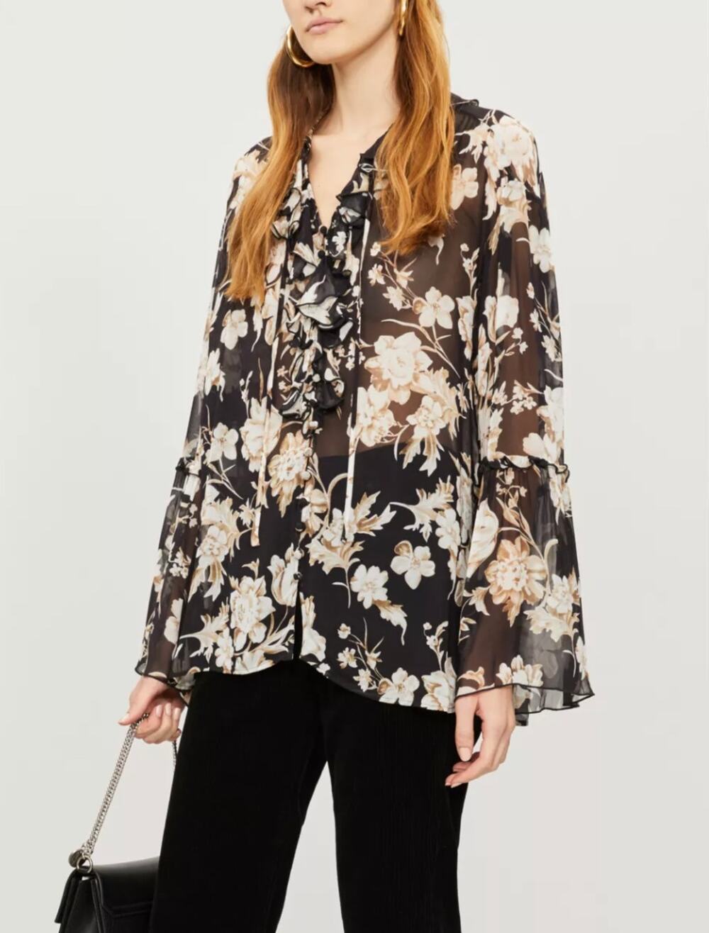 The Kooples Paris Womens S Black Floral Ruffle Viscose Muslin Blouse NEW